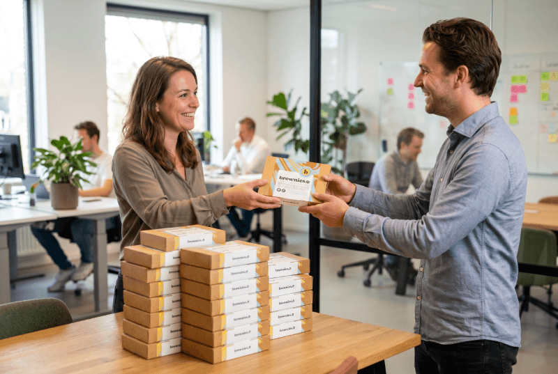 brownie box uitdelen op kantoor als zakelijk cadeau