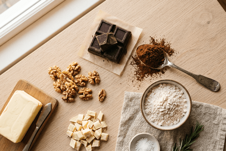 brownie ingrediënten op   tafel uitgezet
