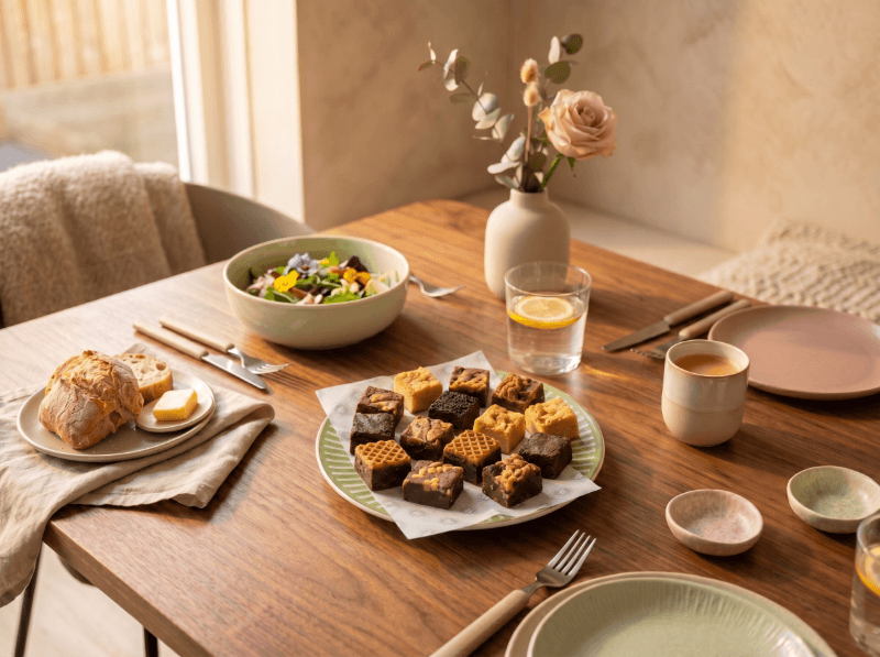 gedekte lunch tafel met mini brownies