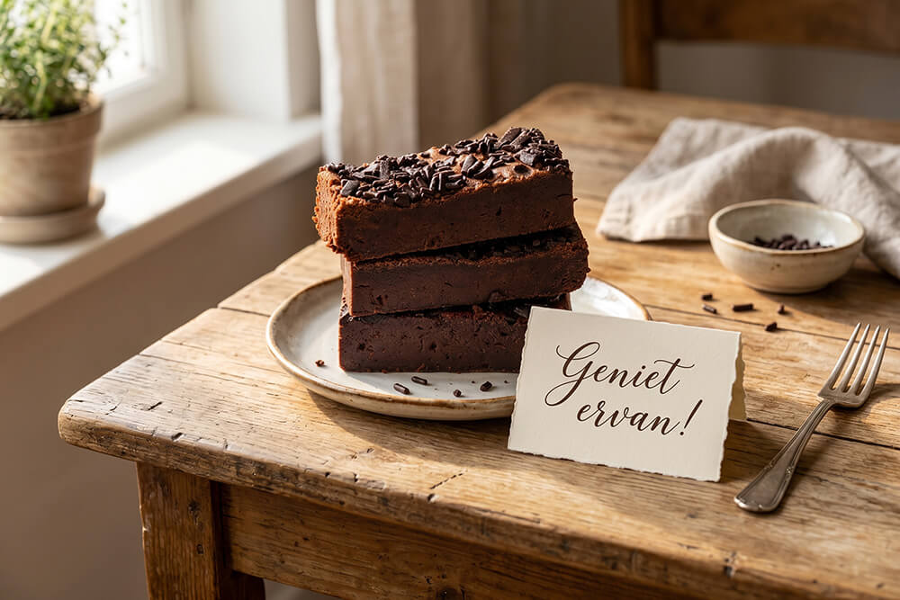 Vers gebakken brownies op een houten tafel
